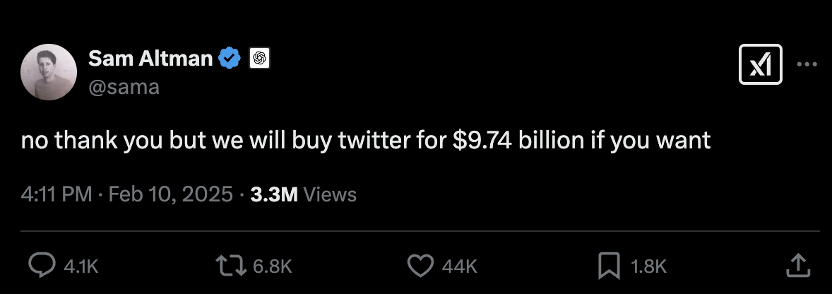 马斯克领投投资集团出价974亿美元收购OpenAI，奥特曼果断拒绝